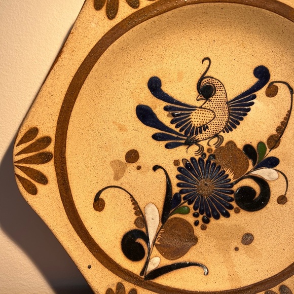 VINTAGE Tonala MEXICAN POTTERY Hexagon BIRD Toucan WALL PLATE BOWL Blue 10". - Picture 6 of 9